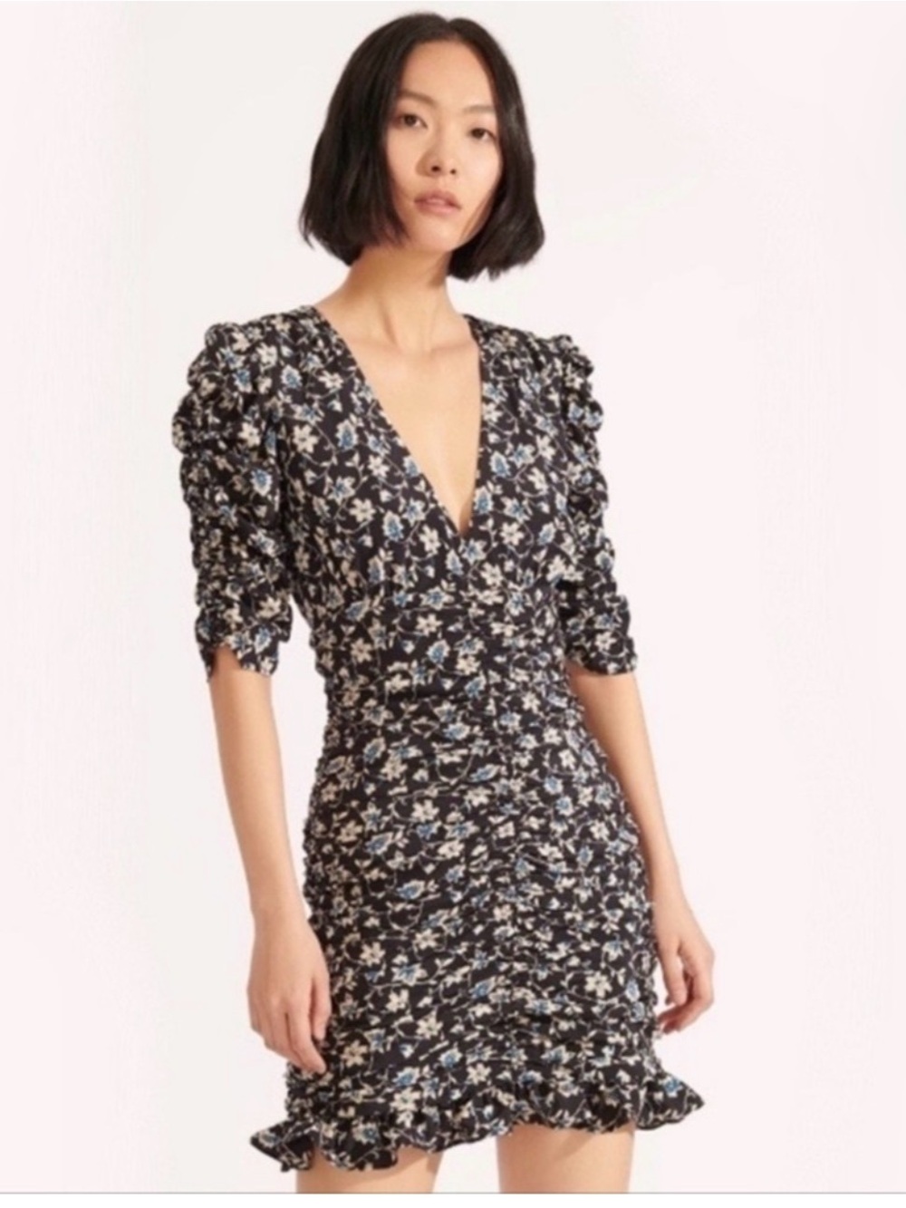 Veronica Beard Black Mini Dress with Blue and White Floral Print
